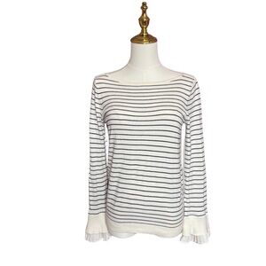 LOFT Ivory and Black Striped Ruffle Sleeve Knit Long Sleeve Top